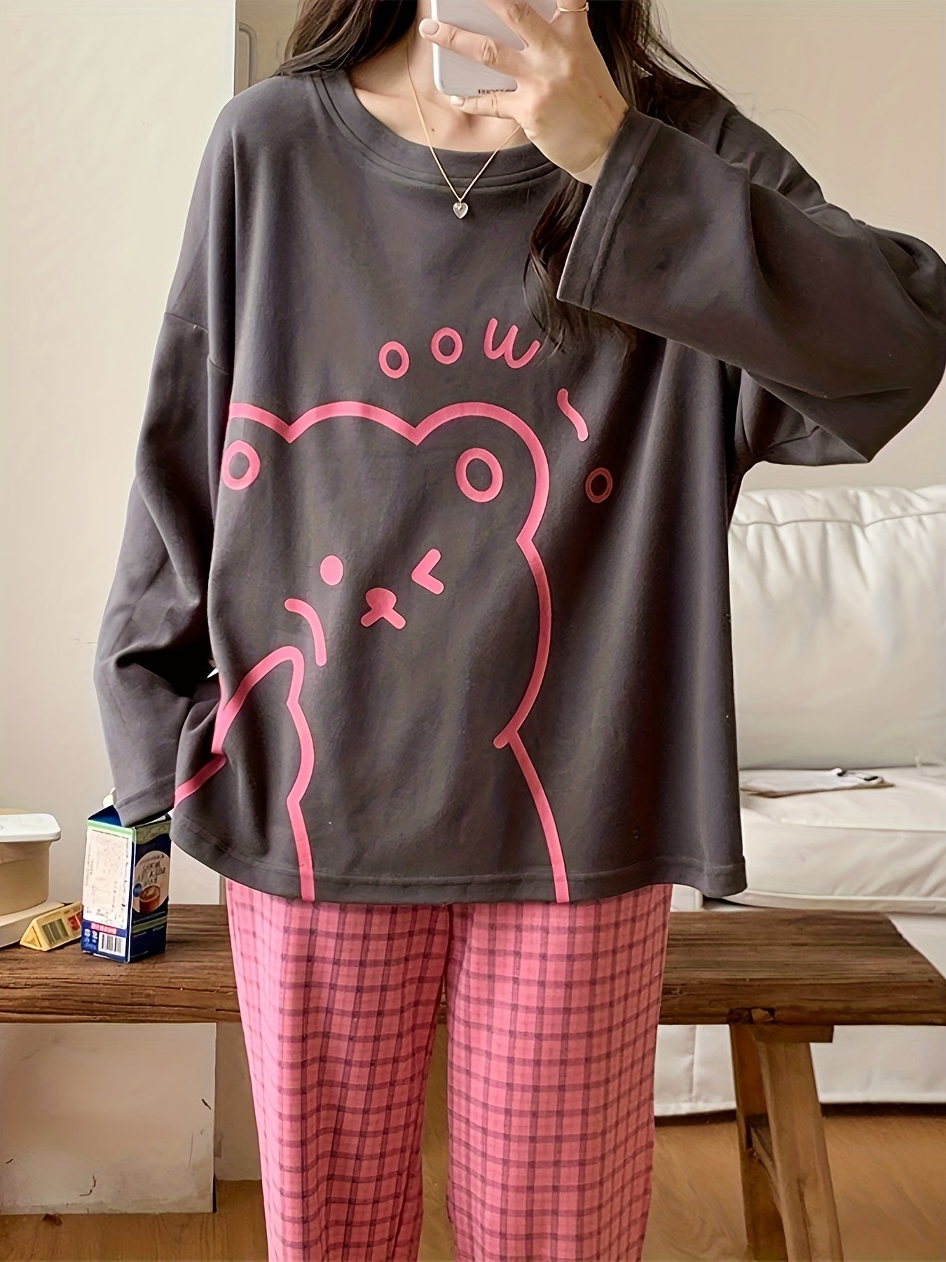 Bear Print Pajama Set Long Sleeve Top & Plaid Pants