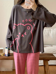 Bear Print Pajama Set Long Sleeve Top & Plaid Pants