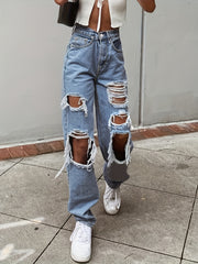 Distressed Ripped Hole Denim Pants Women's Loose Fit Straight Jeans