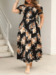 Floral Print Off Shoulder Maxi Dress With Pockets