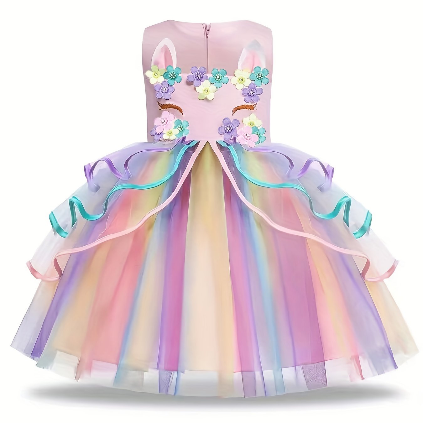 Girls Unicorn Princess Dress Unicorn Floral Print Mesh Princess Dress