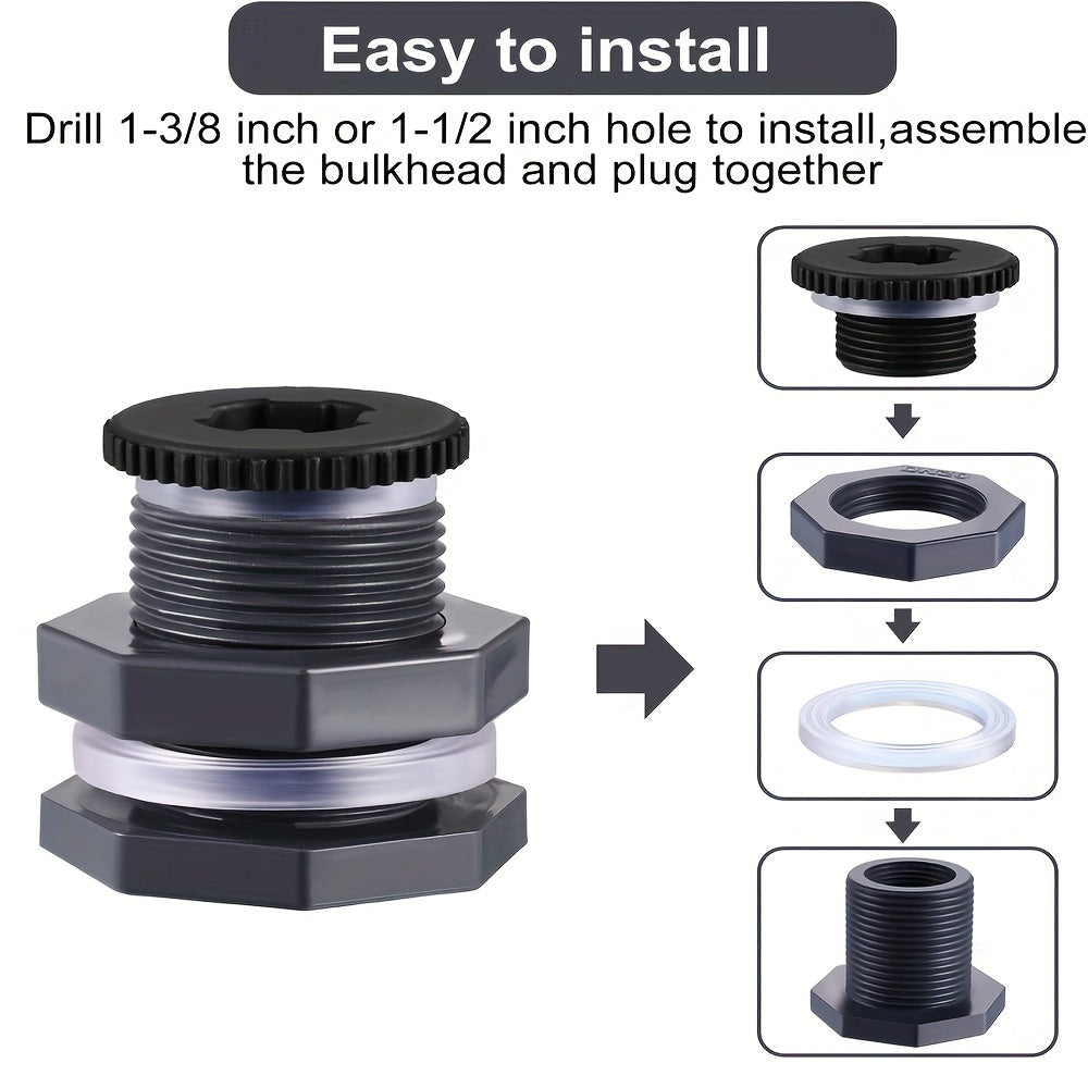 2 Sets PVC Bulkhead Fitting With Plugs for Rain Barrels Aquariums Water Tanks