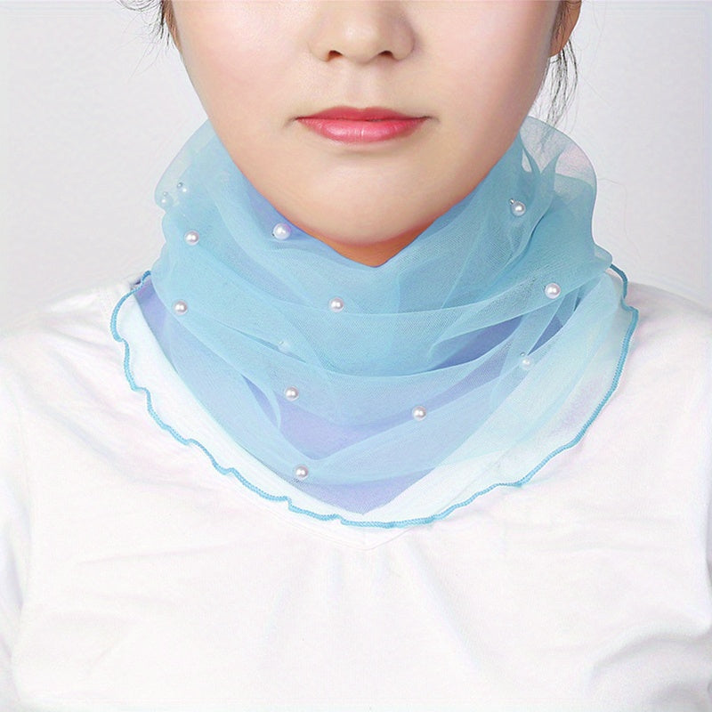 Faux Pearl Decor Mesh Scarf Solid Thin Veil Infinity Scarf