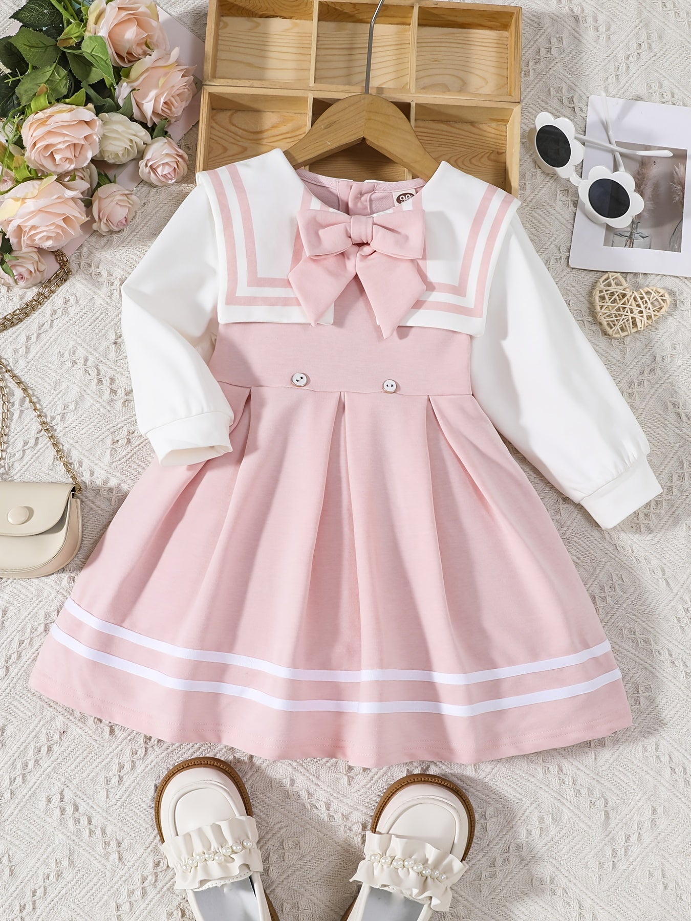 Girls Sailor Collar Princess Dress With Bow - Autumn/Spring