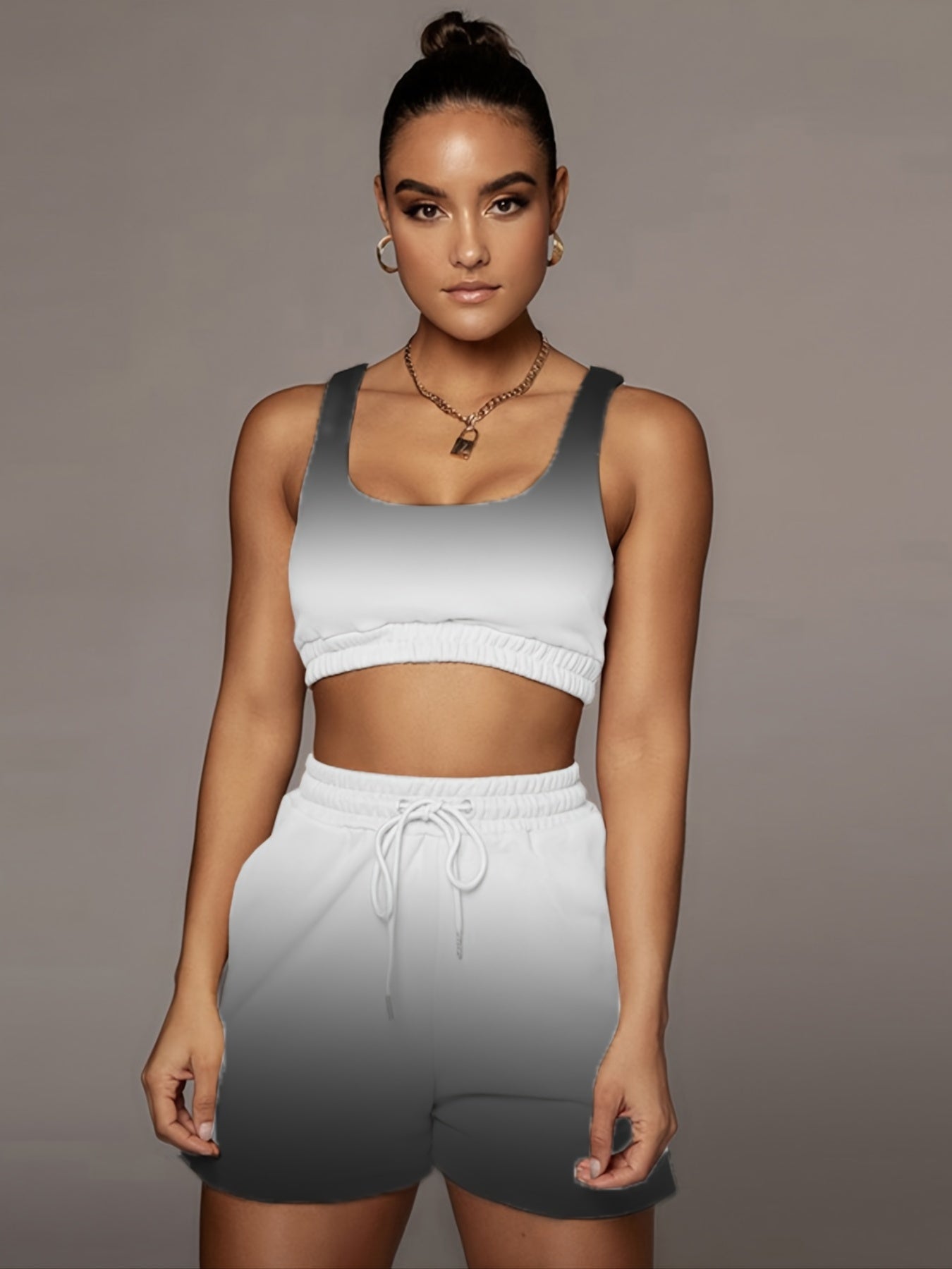 Gradient Two Piece Sport Sets Sleeveless Crop Tops & Drawstring Shorts