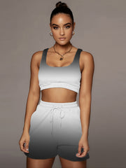 Gradient Two Piece Sport Sets Sleeveless Crop Tops & Drawstring Shorts