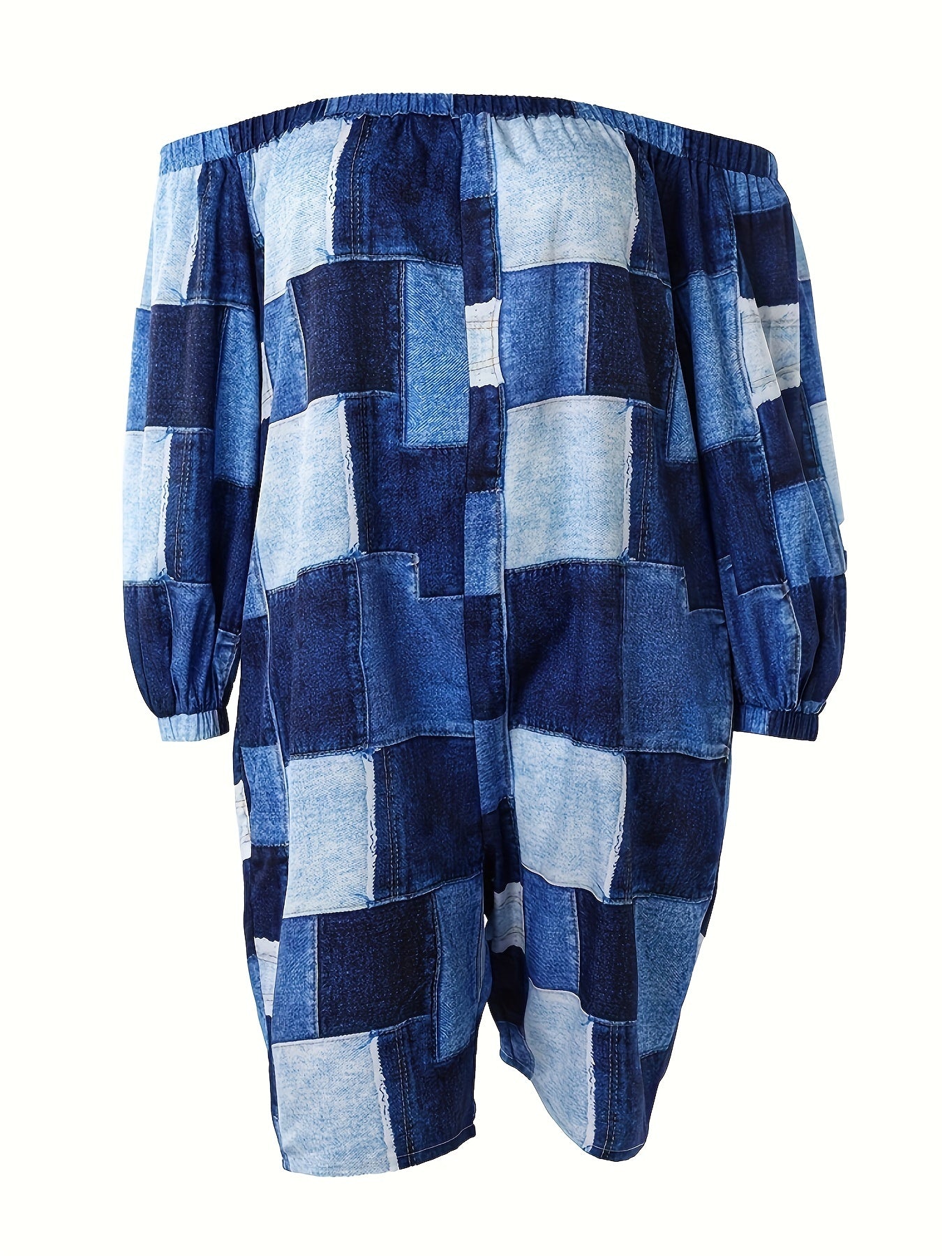Denim Print Off Shoulder Half Sleeve Romper With Pockets