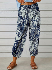 Graphic Print Tie Waist Pants Boho Summer Cropped Pants With Pockets