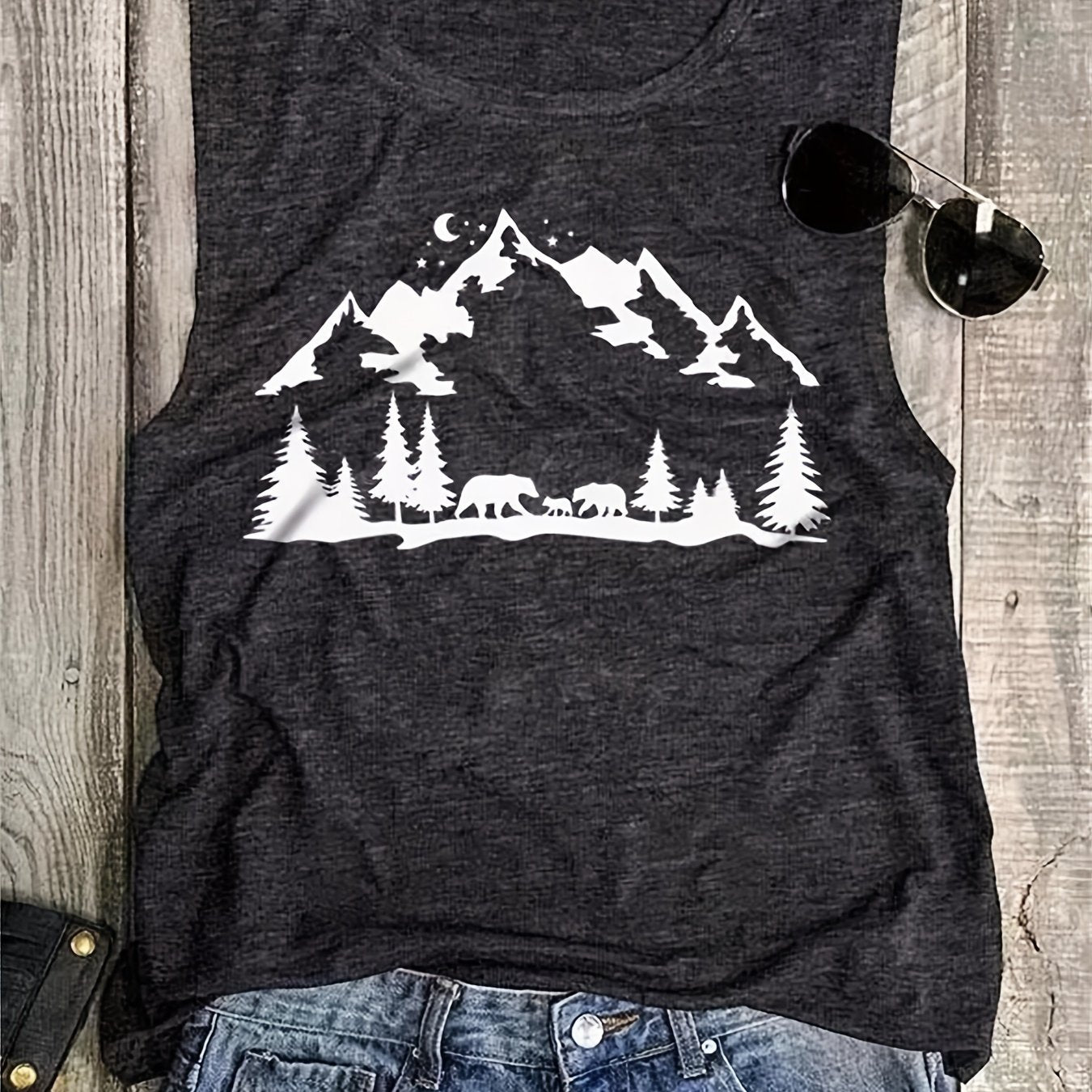 Mountain Print Tank Top Sleeveless Crew Neck Casual Top