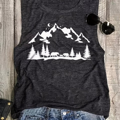 Mountain Print Tank Top Sleeveless Crew Neck Casual Top
