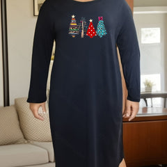 Christmas Lounge Dress Women's Plus Christmas Tree Print Long Sleeve