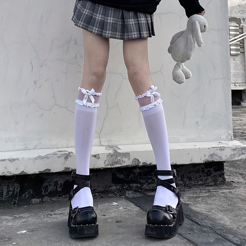 Bow Decor Lace Trim Calf Socks Knee High Stockings Women's Hosiery