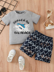 Boys Shark Graphic Outfit Round Neck T shirt & Shorts Kids Summer Clothing