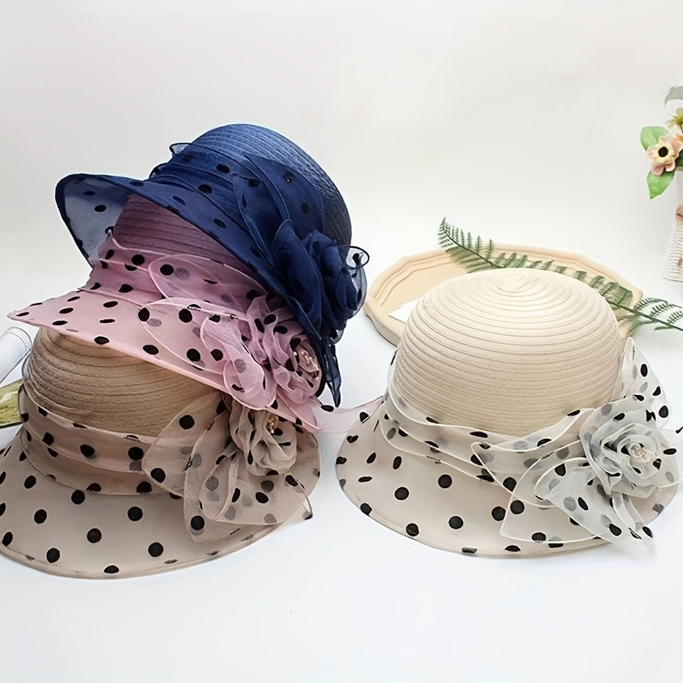 Polka Dot Organza Bucket Hat Flower Decor Sun Hats