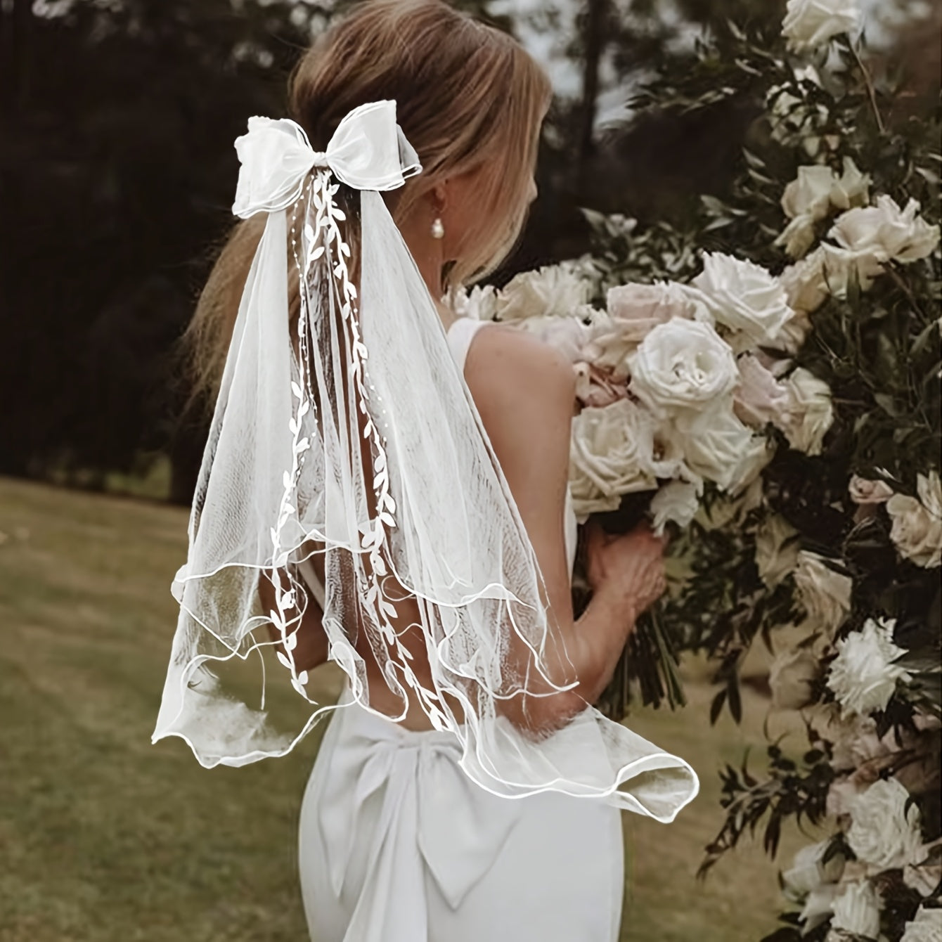Bow Bridal Veil Tassel Leaf Pattern Double Layer Mesh Headpiece