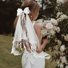 Bow Bridal Veil Tassel Leaf Pattern Double Layer Mesh Headpiece