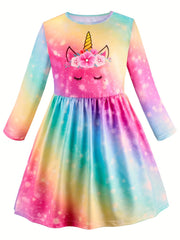 Unicorn Tie Dye Graphic Long Sleeve Dress Girls