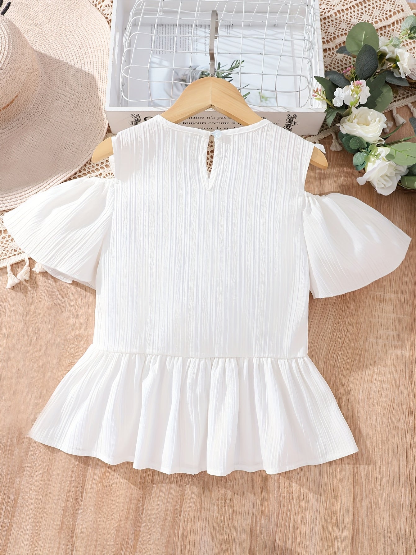Girl s Shirt Porcelain Floral Embroidered Flutter Sleeve Peplum Blouse Top