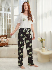 Avocado Print Pajama Set Short Sleeve Top & Pants Women's Sleepwear