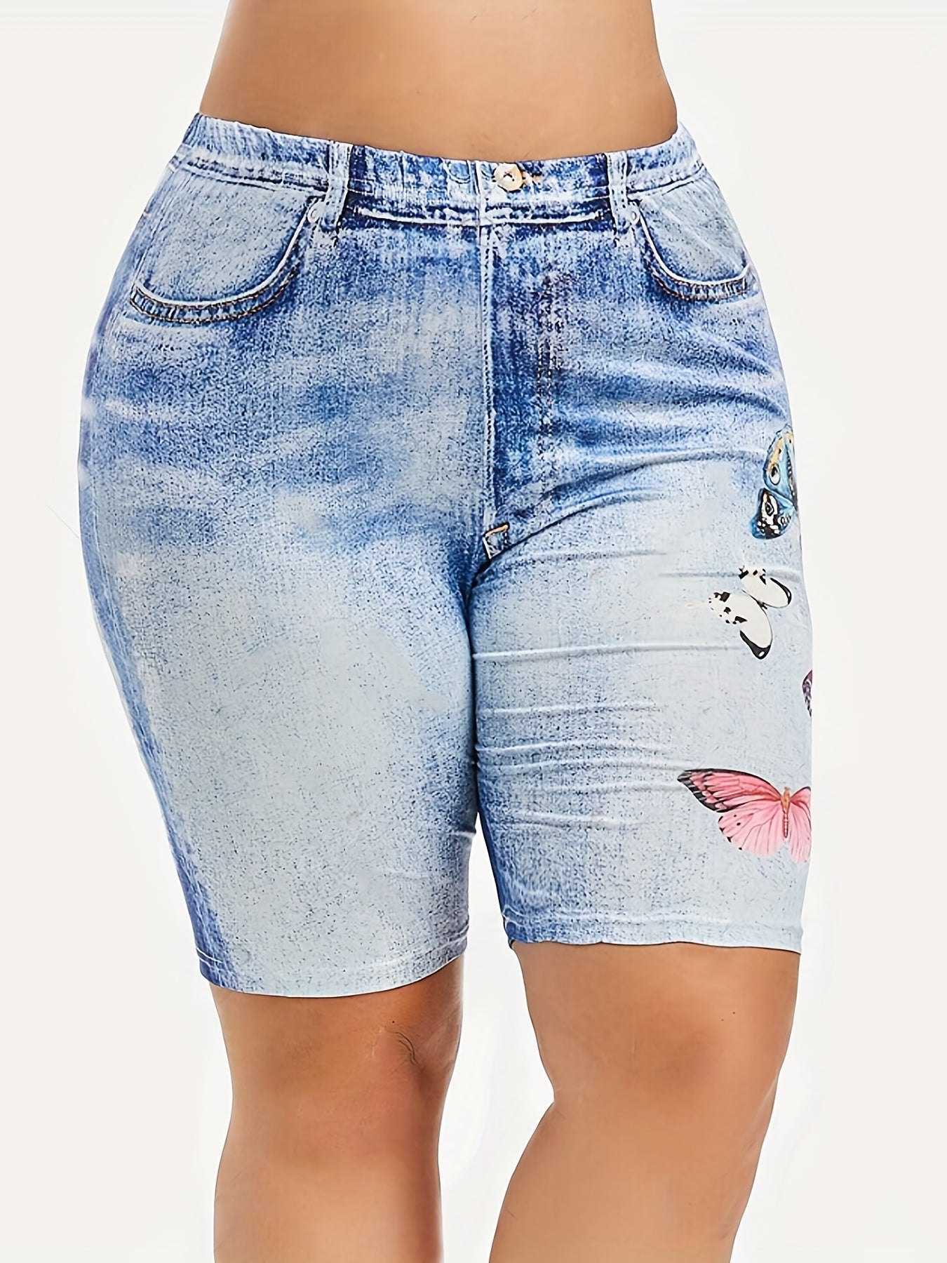 Denim & Butterfly Print Leggings Casual Skinny Shorts Leggings Women's Clothing