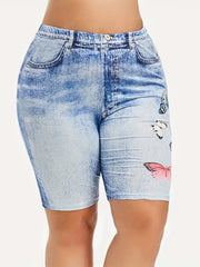 Denim & Butterfly Print Leggings Casual Skinny Shorts Leggings Women's Clothing