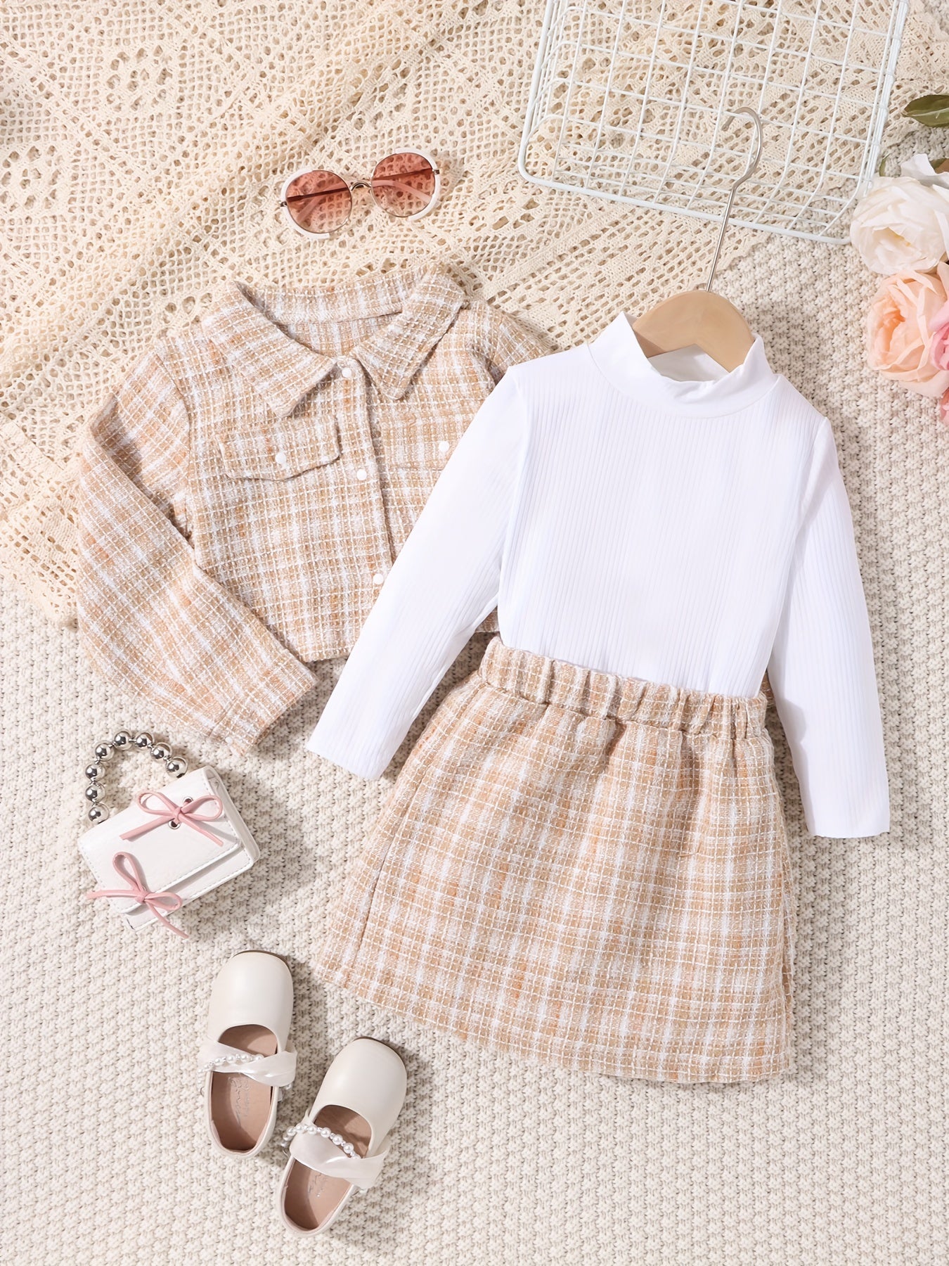Girls 3pcs Turtleneck Top Coat Skirt Set Plaid Texture Casual Kids Clothes