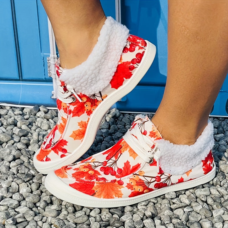 Maple Print Warm Sneakers Lightweight & Comfortable Flat Shoes