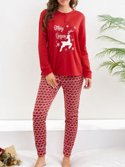 Elk Print Pajama Set Long Sleeve Top & Pants Women's Sleepwear