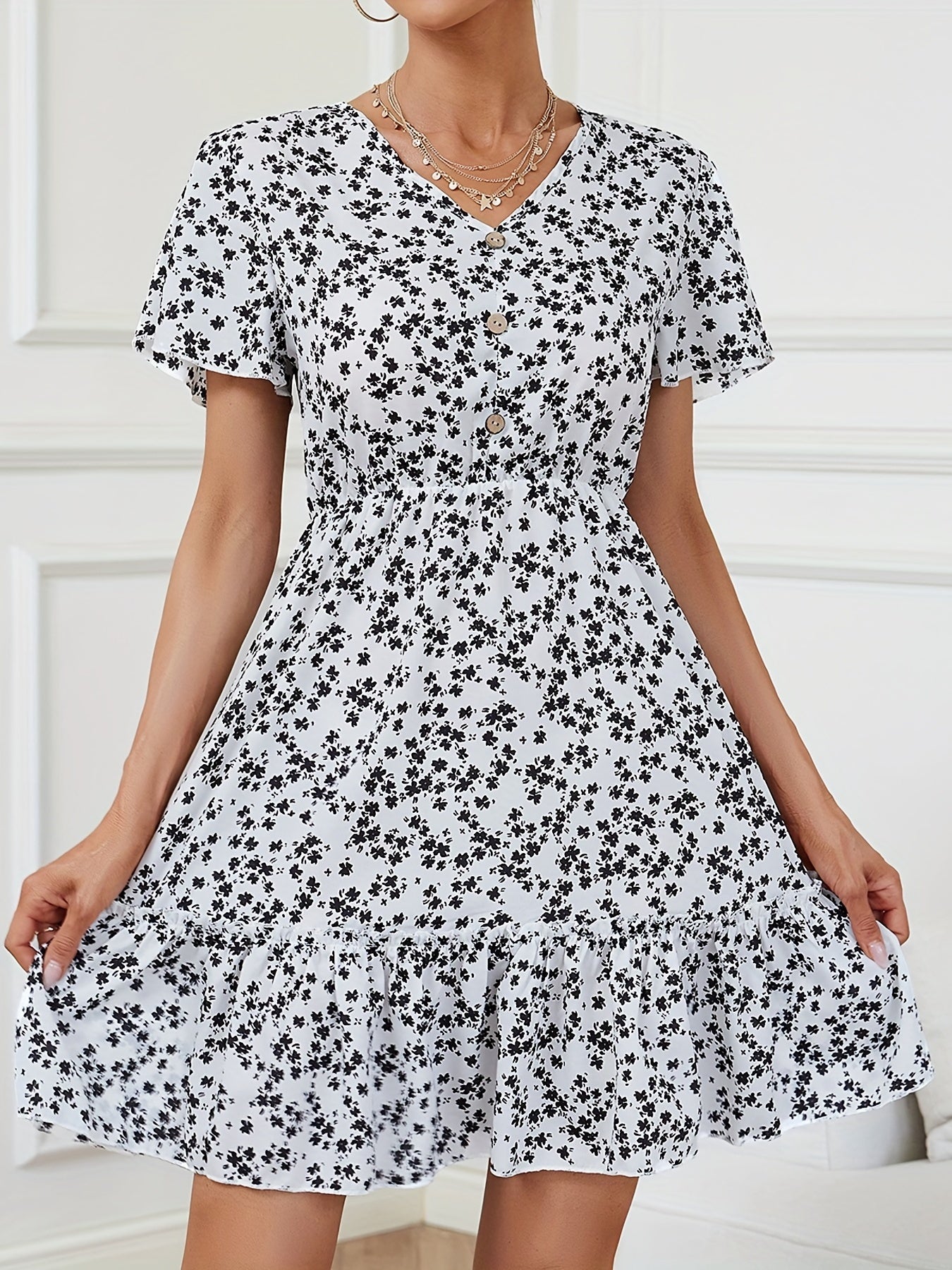 Women's High Waist Slim Ditsy Floral Vacation Mid Length Dresses