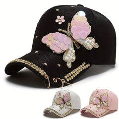 Sequin Butterfly Y2K Baseball Cap Rhinestone Faux Pearl Ring Decor
