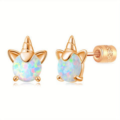 Unicorn Earrings 925 Silver Fire Opal Stud Hypoallergenic for Girls Women