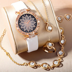 Student Flower Plate Rhinestone Quartz Watch And 5pcs Jewelry Set