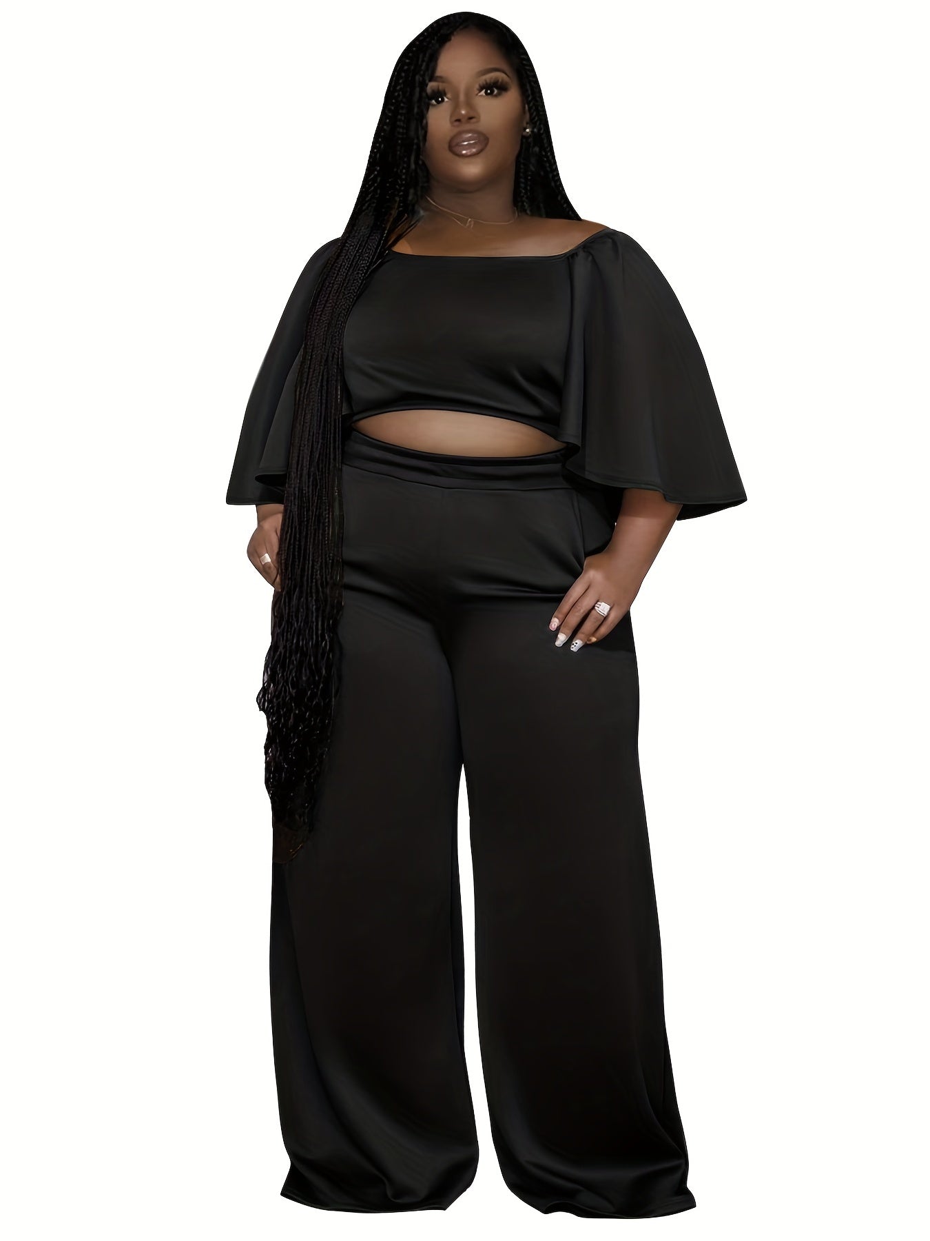 Solid Flare Crop Top & Wide Leg Pants Outfit Set