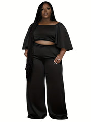 Solid Flare Crop Top & Wide Leg Pants Outfit Set