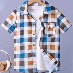 Plaid Graphic Print Boys Top Lapel Shirt Summer Outdoor
