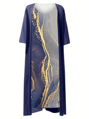 Casual Two-piece Dress Set Half Sleeve Coat & Marble Print Tank Dress