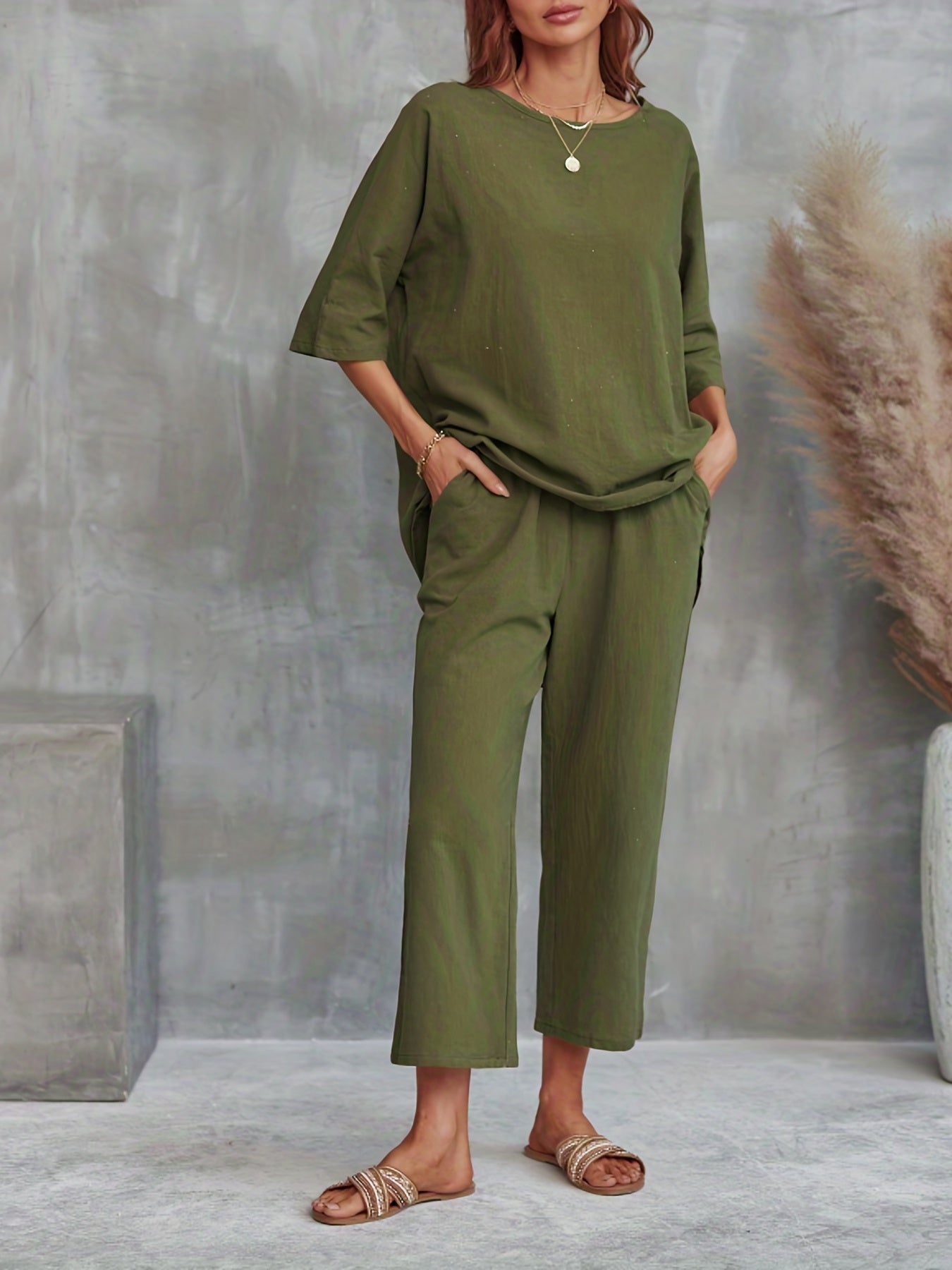 Casual 2pc Set Crew Neck Tee & Wide Leg Pants Women's Clothing