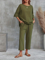 Casual 2pc Set Crew Neck Tee & Wide Leg Pants Women's Clothing