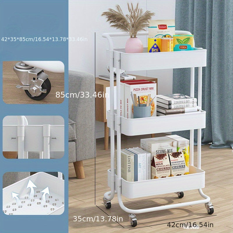 3 Tier Utility Cart Rolling Organization Cart Handle Wheels Storage Shelves