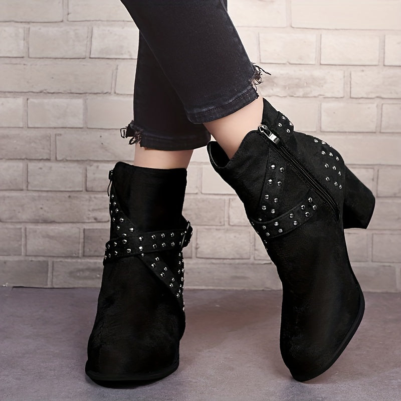 Studded Side Zipper Chunky Heel Ankle Boots