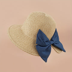 Bowknot Ponytail Straw Sun Hat Solid Sunscreen Beach Hat