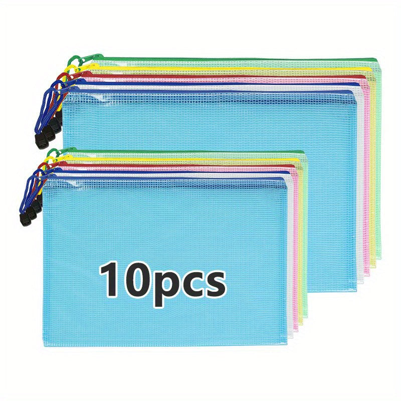 10pcs Mixed A4 & A5 Mesh Zip File Bags for School & Office Supplies