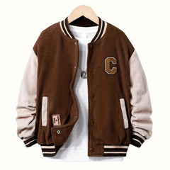 Kid's Preppy Style Fleece Varsity Jacket Letter C Patched Warm Coat