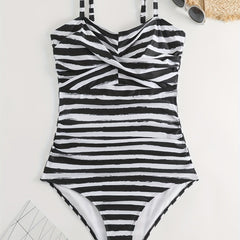 Striped Cross Front One Piece Swimsuit