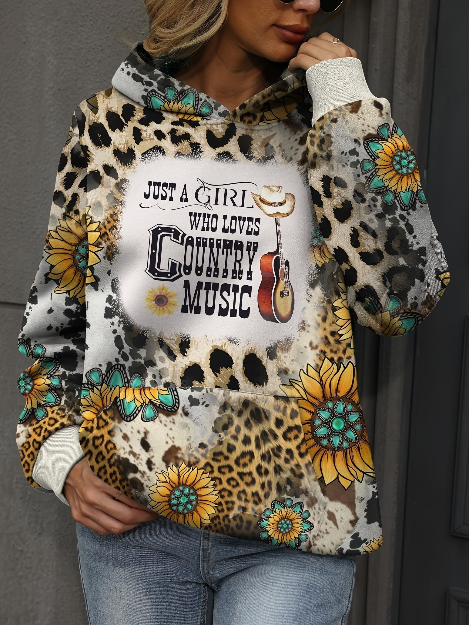 Cowboy Music & Sunflower Print Long Sleeve Hoodie