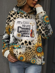 Cowboy Music & Sunflower Print Long Sleeve Hoodie