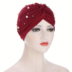 Faux Pearl Decor Turban Solid Beanies Head Scarf Lightweight Elastic Chemo Cap