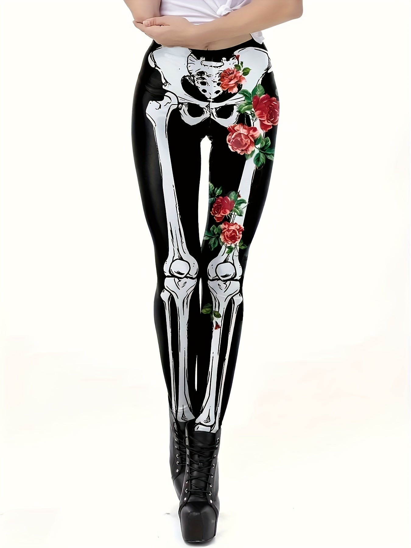 Skull & Floral Print High Rise Leggings