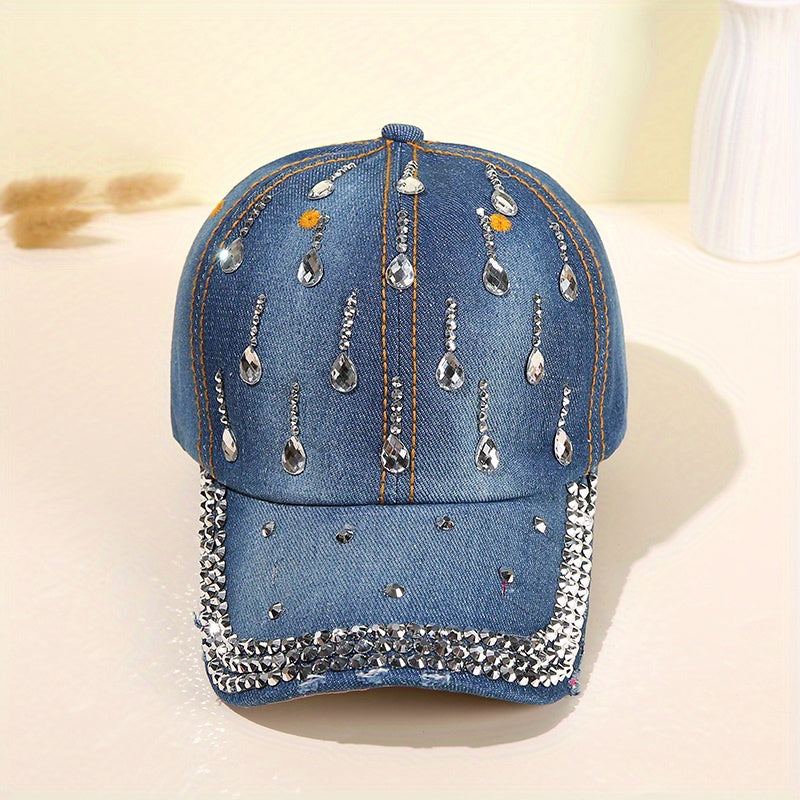 Rhinestone Decor Casual Baseball Cap Unisex Denim Washed Dad Hats