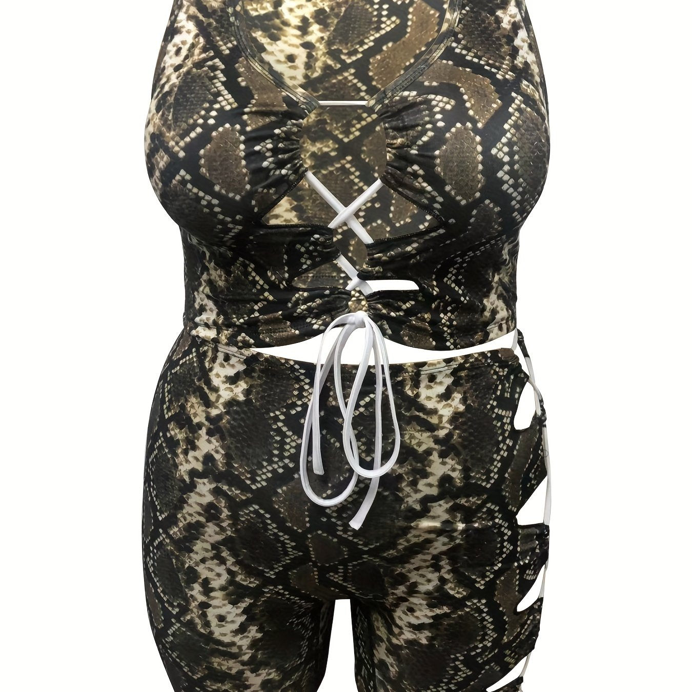 Snake Skin Print Cut Out Drawstring Lace Up Tank Top & Shorts Set
